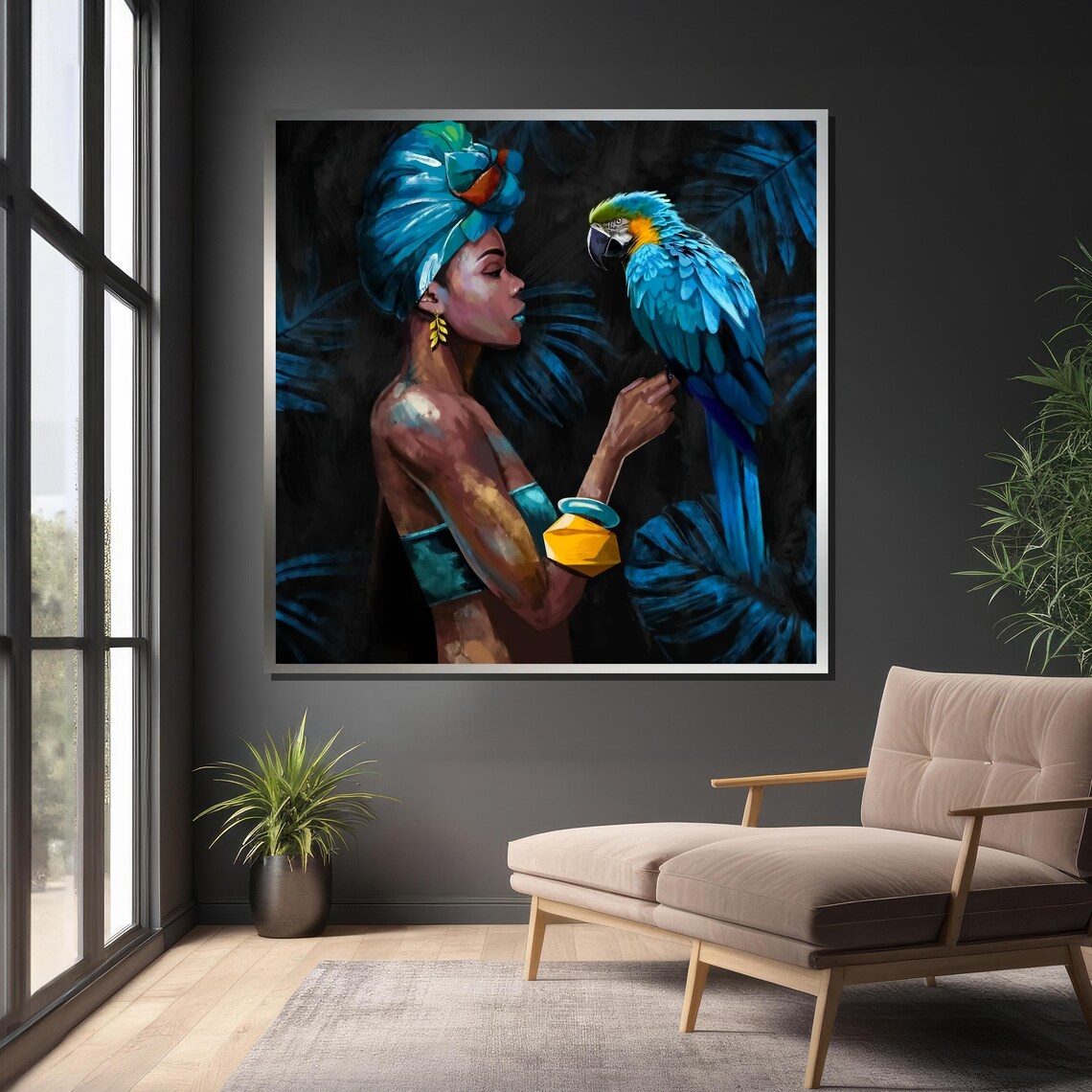 Elegant Woman With Blue Macaw, Tropical Art - Image 4