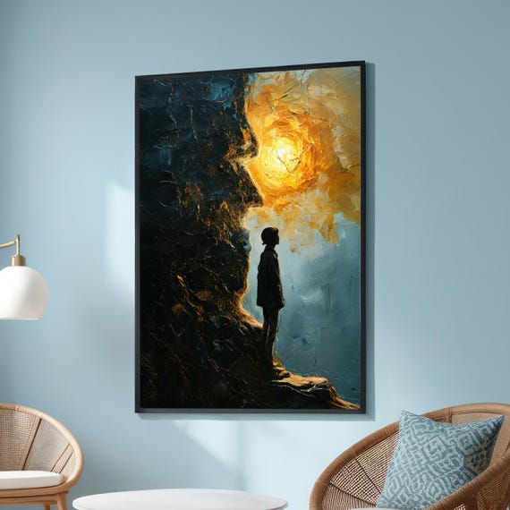 Surreal Enlightenment Canvas Print Inner Journey Symbolic Art Cliff Face With Light Dreamlike Spiritual Wall Decor For Reflection