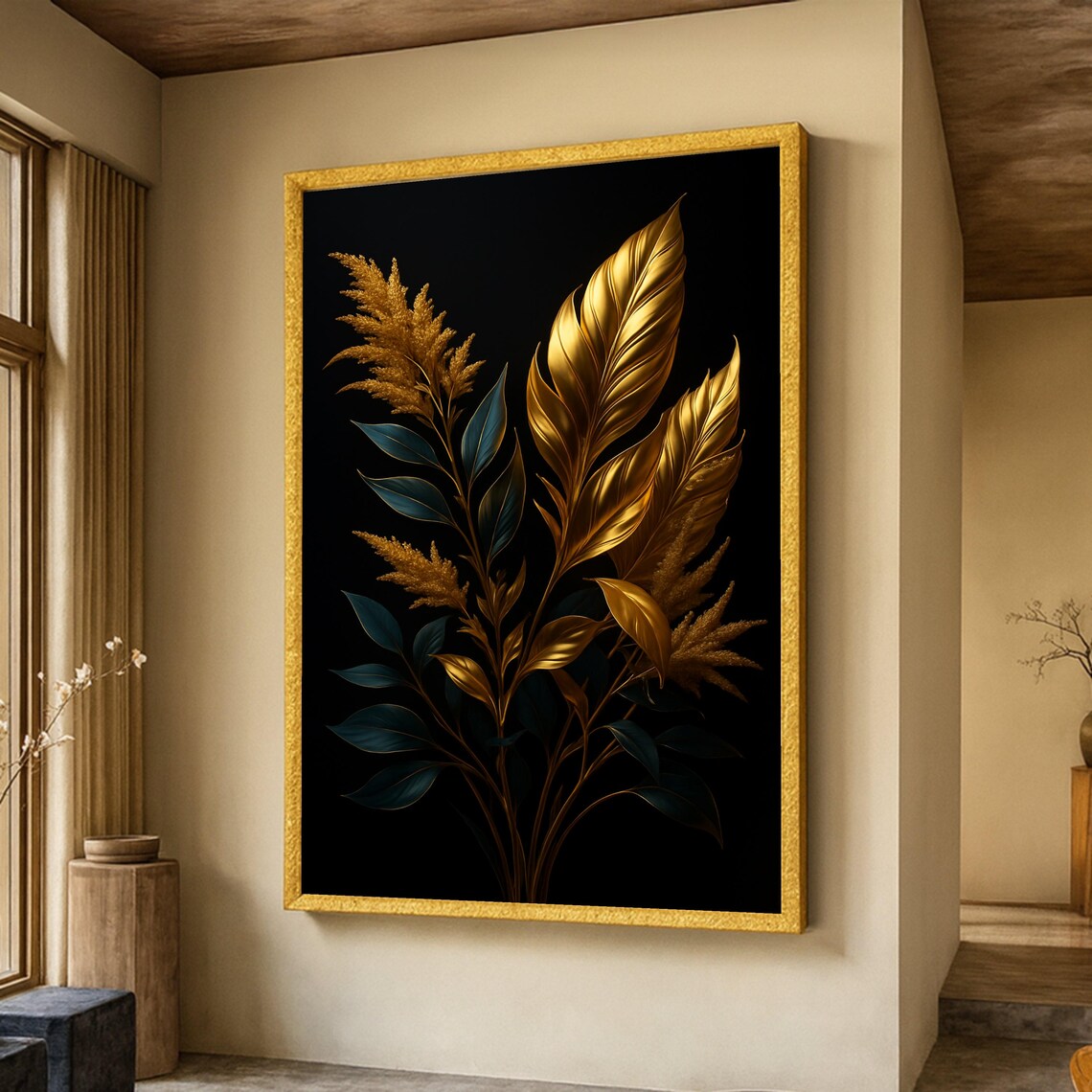Golden Leaves Black Background Luxe Botanical Elegant Wall Poster