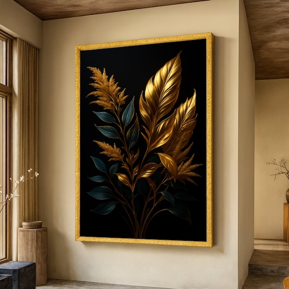 Luxurious Golden Foliage Canvas Wall Art Dark Background Botanical Decor Metallic Leaves Elegant Home Decoration