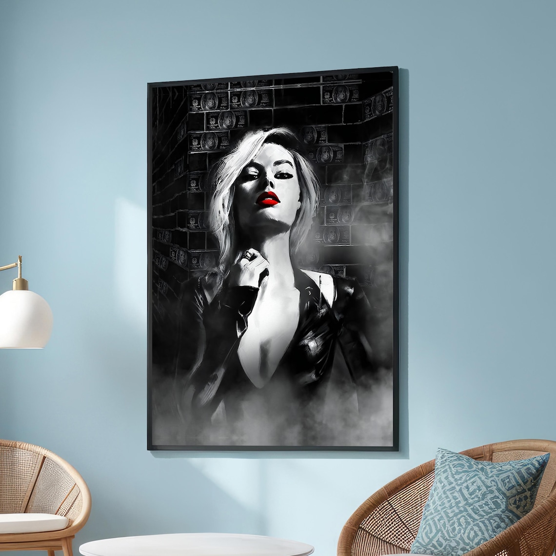 Noir Woman with Red Lips Money Wall Dark Glamour Style Poster