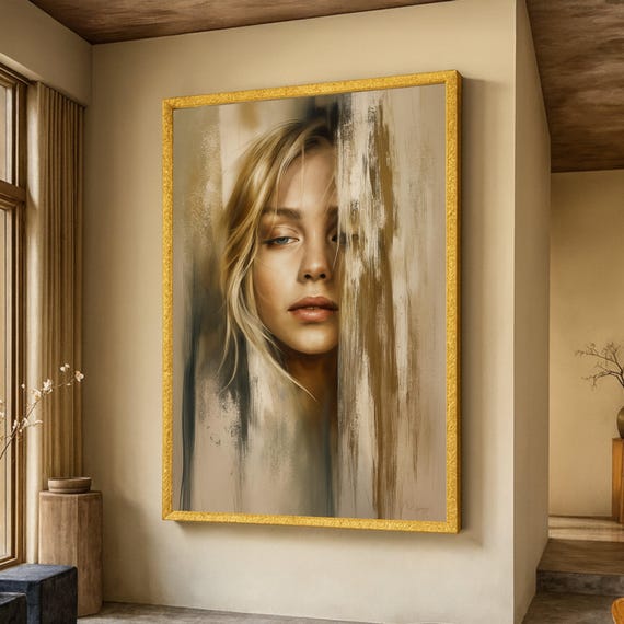 Serene Blonde Woman Portrait Canvas Abstract Brushstroke Art Modern Female Face Wall Decor Contemporary