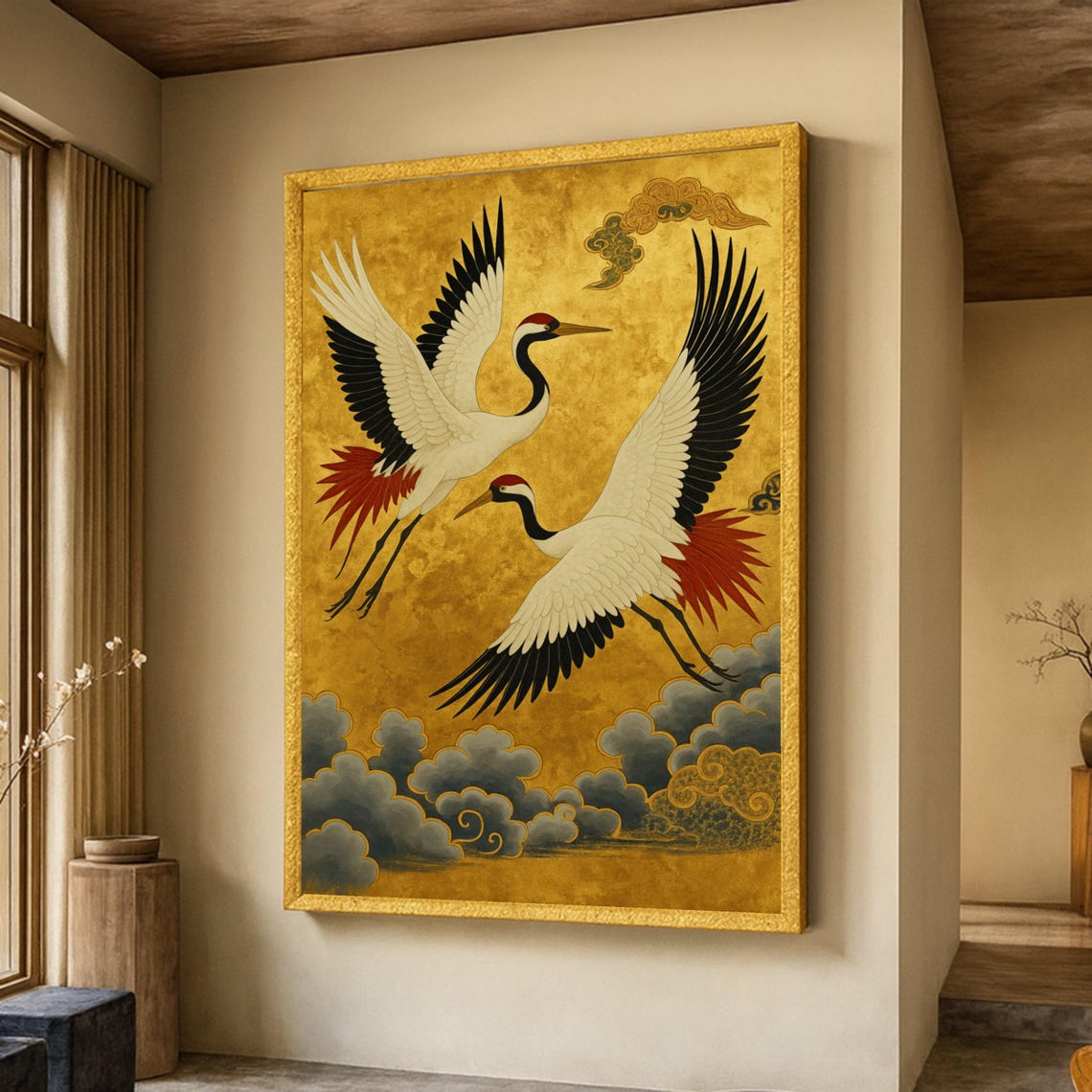 Two Japanese Cranes Gold Leaf Red Crowned Birds Asian Art Poster