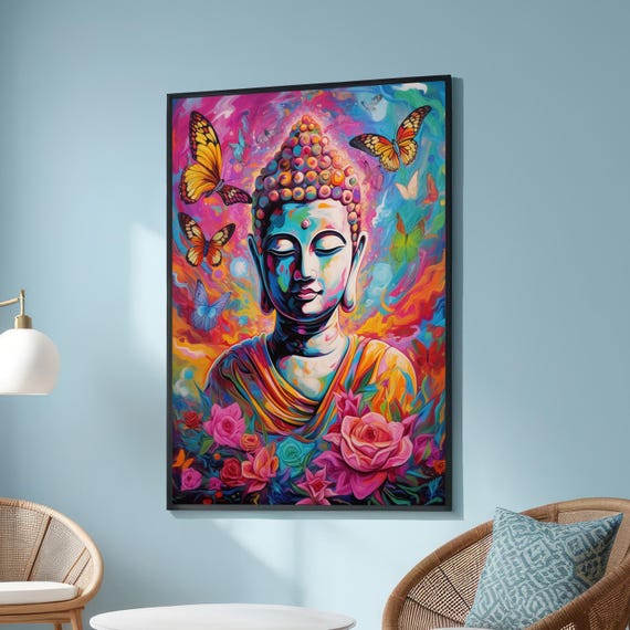 Colorful Buddha With Butterflies And Flowers, Psychedelic Art