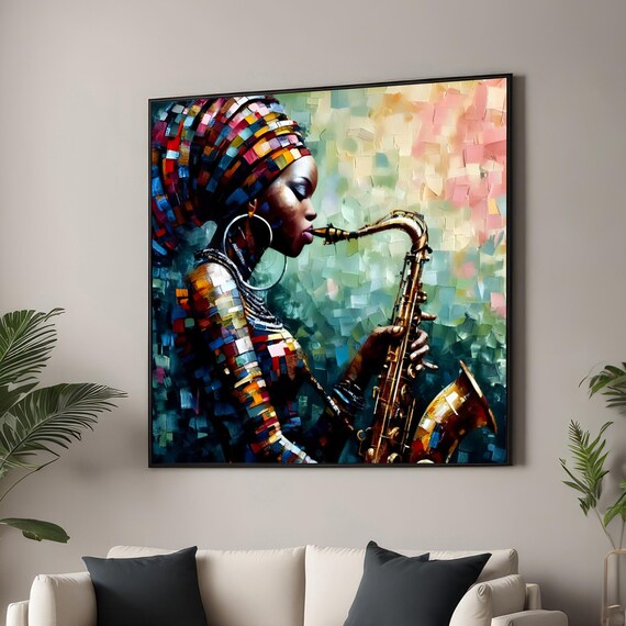 African Woman Playing Saxophone Mosaic Headwrap Canvas Wall Art