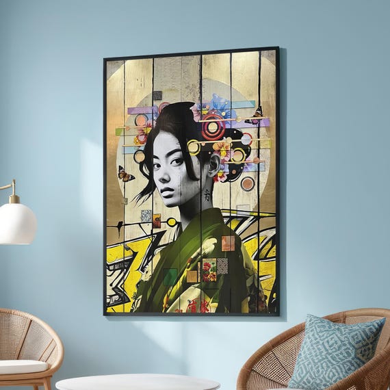 Grayscale Japanese Woman With Vibrant Abstract Elements Modern Fusion Art Bold Wall Decor