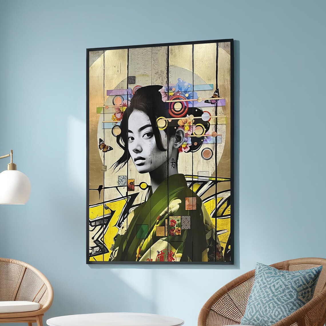 Geisha Kimono Butterfly Floral Collage Japanese Artwork Poster
