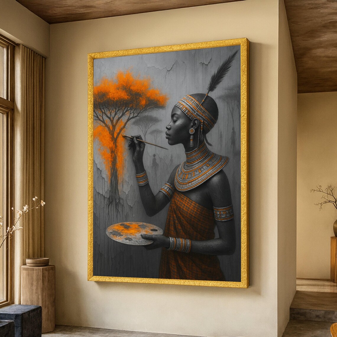 African Woman Painting Orange Tree Tribal Jewelry Portrait Art Poster