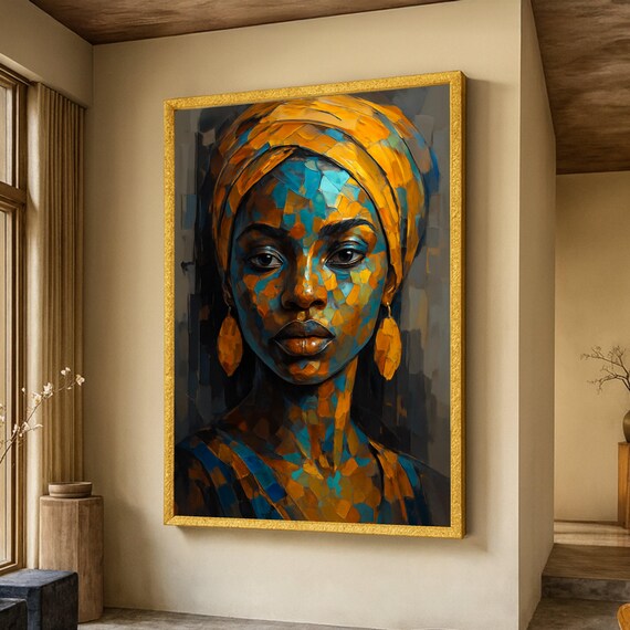 Vibrant African Woman Portrait Canvas Abstract Mosaic Face Art Ethnic Wall Decor Modern Painting Bold Colorful Home Decoration