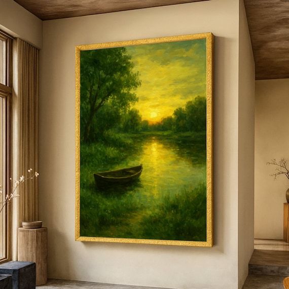 Golden Sunset River with Rowboat Tranquil Landscape Painting Poster