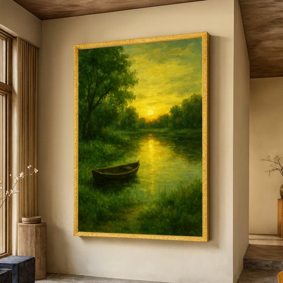 Tranquil Sunset River Scene Canvas Vintage Boat And Trees Golden Hour Landscape Wall Art Nature Reflection Print