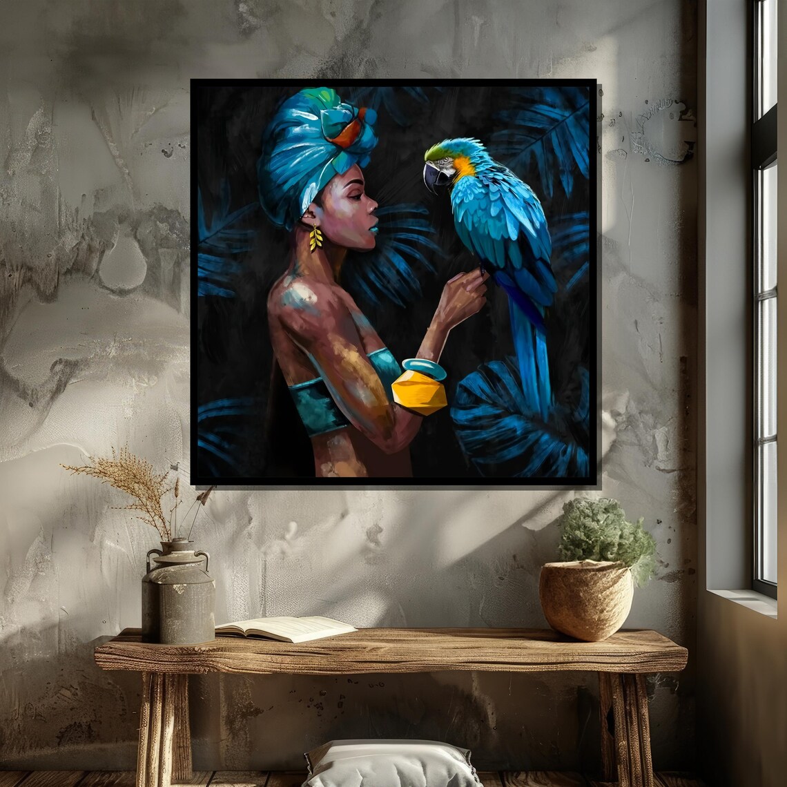Elegant Woman With Blue Macaw, Tropical Art - Image 5