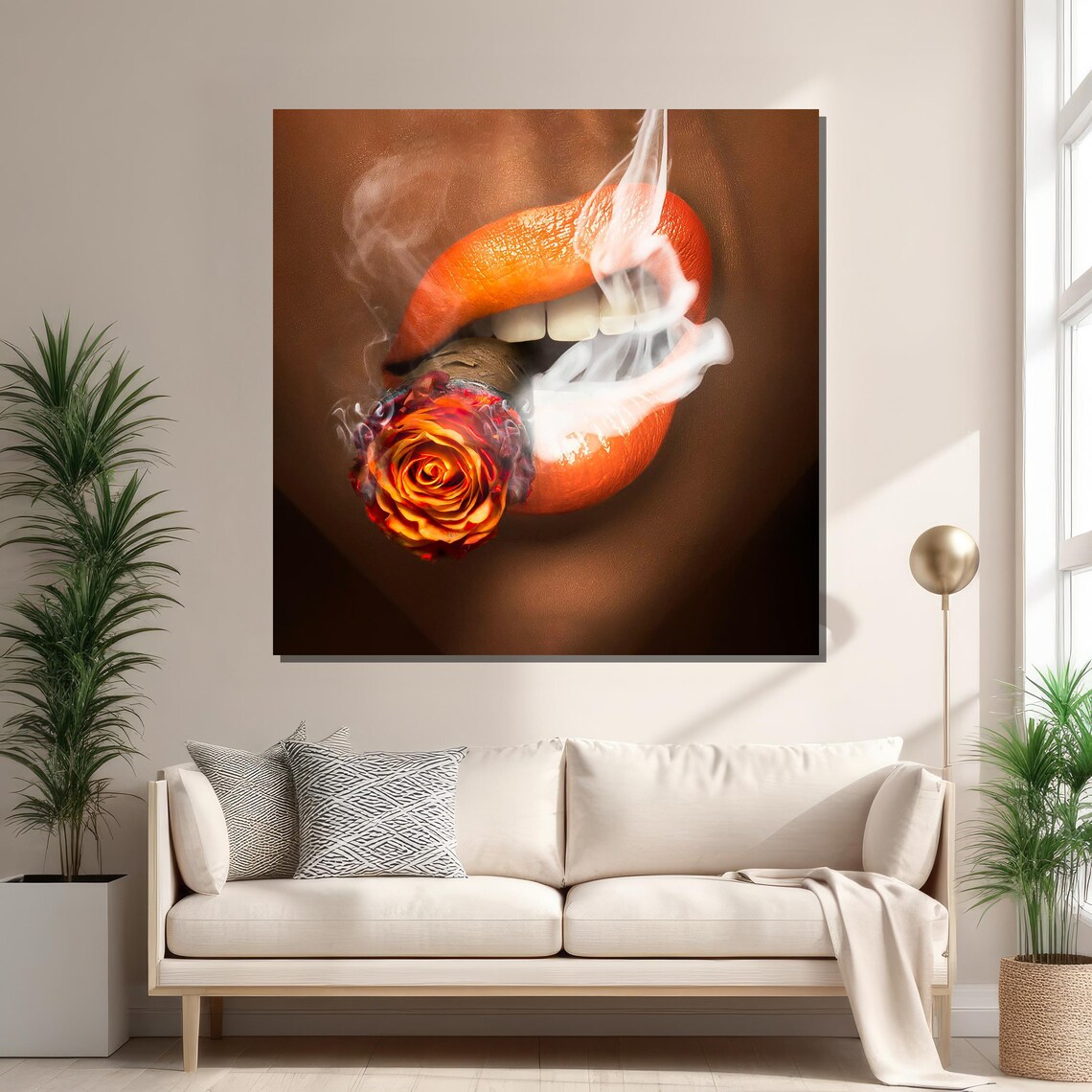 Bold Lips With Smoking Rose, Modern Surreal Art - Image 2