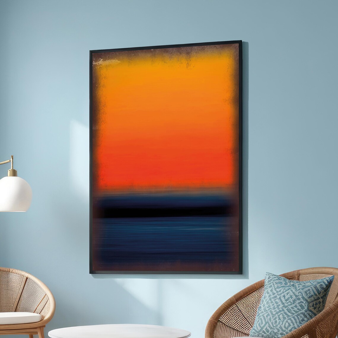 Large Mark Rothkoinspired Abstract Canvas Warm Yellow And Orange Gradient With Deep Blue Horizon Minimalist Expressionist Wall Art