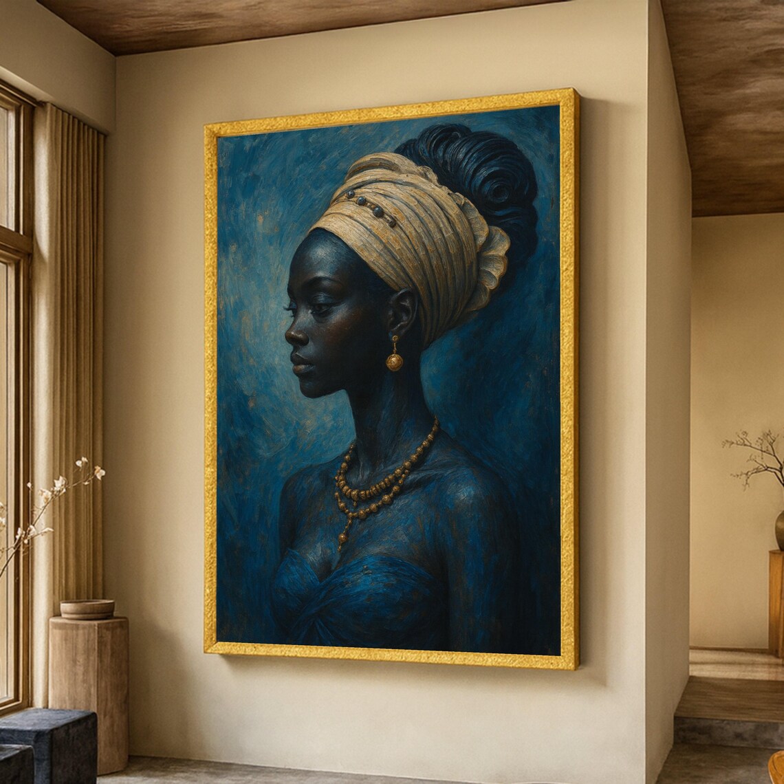 African Woman Profile Headwrap Gold Jewelry Blue Portrait Art Poster