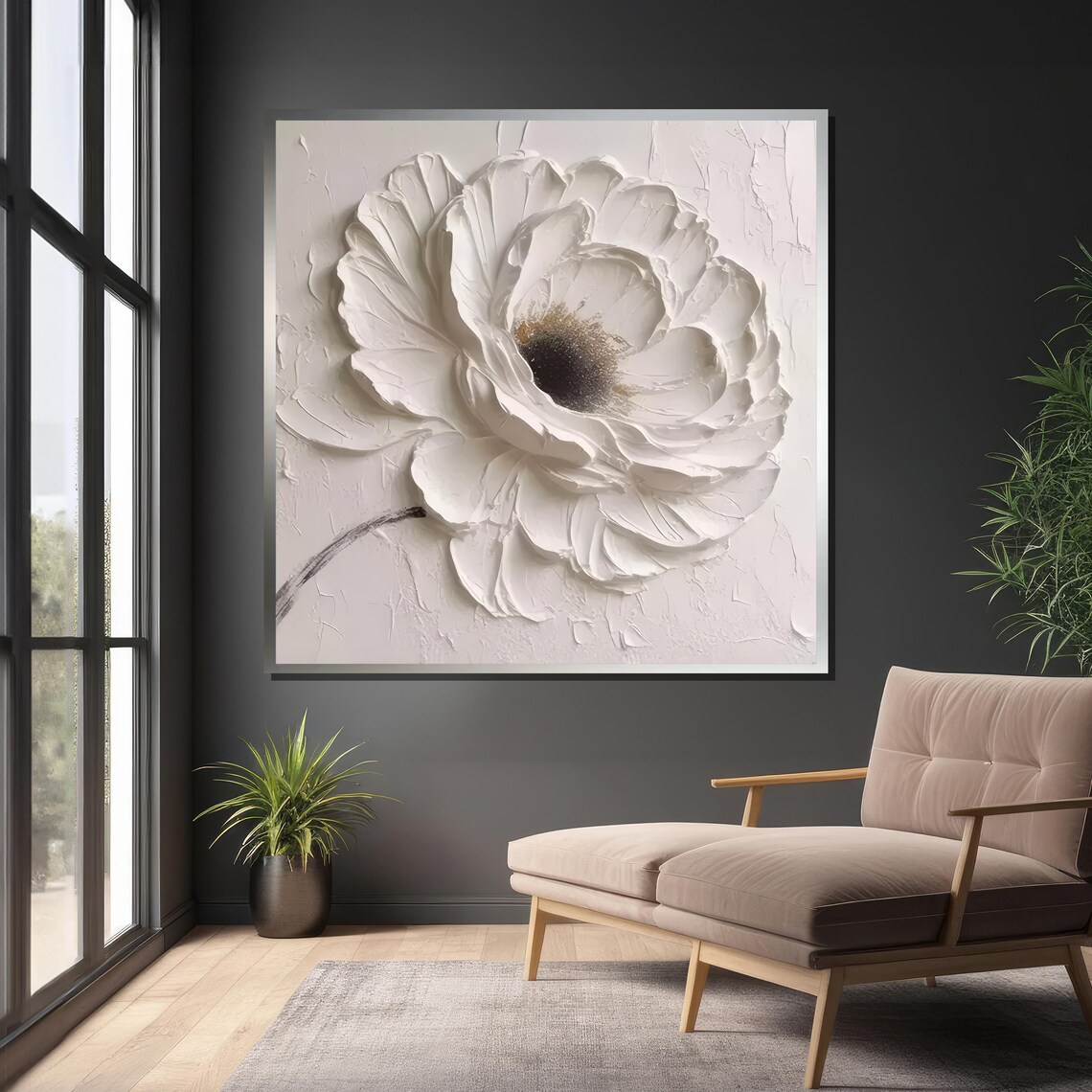 White Flower Art, Minimalist Floral Painting - Image 4