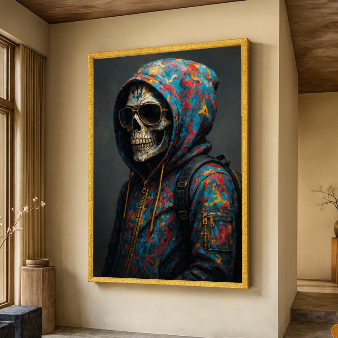 Colorful Skull Streetwear Hoodie Sunglasses Urban Edgy Artwork Poster