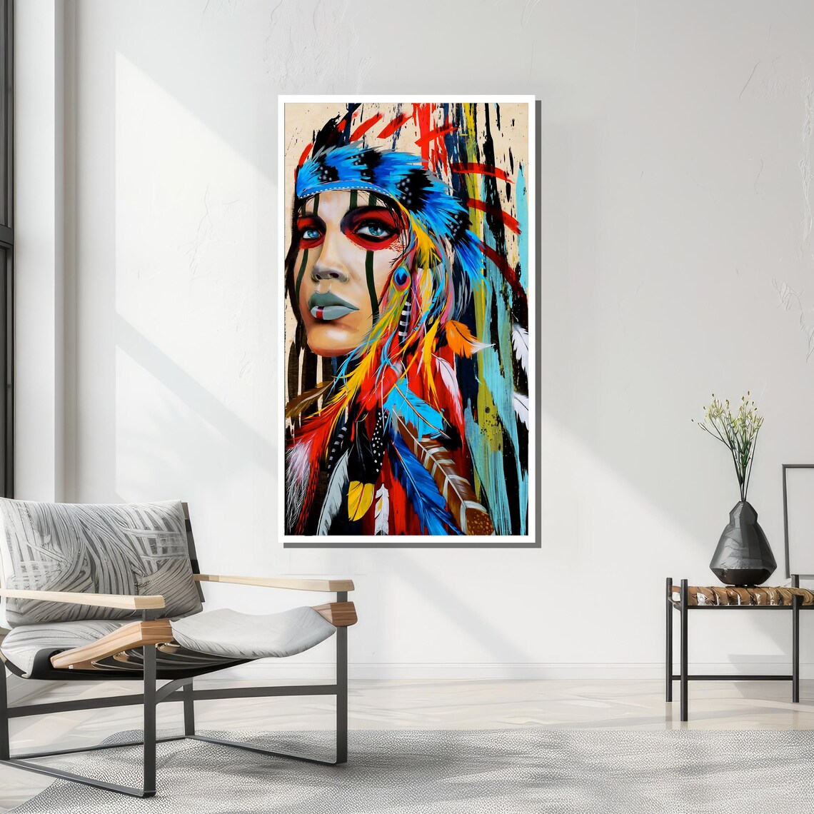 Bold Tribal Woman With Feather Headdress, Modern Art - Image 3