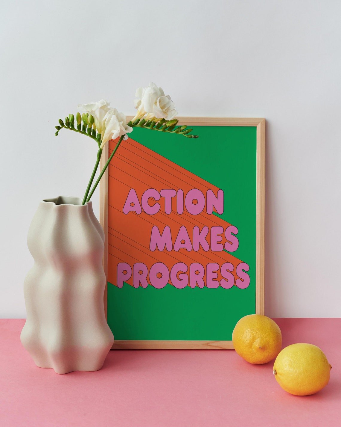 Action Makes Progress Pink Bubble Green Retro Motivational Poster
