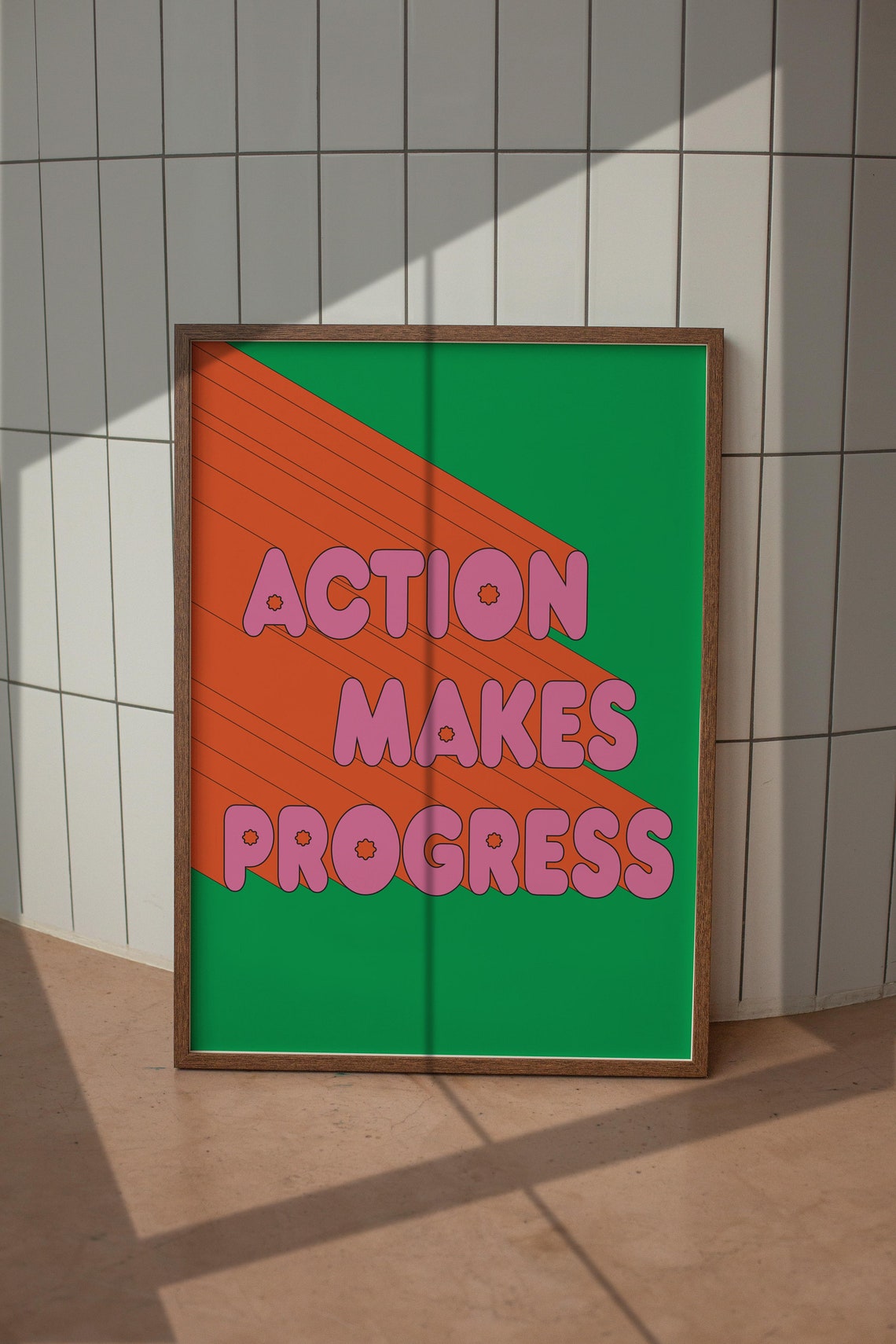 Action Makes Progress Pink Bubble Green Retro Motivational Poster - Image 3