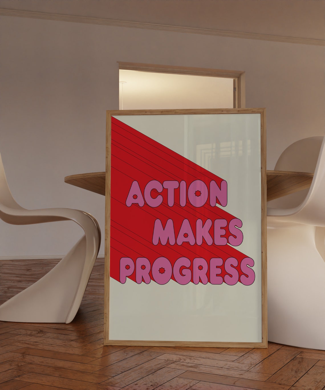 Action Makes Progress Pink Bubble Retro Typography Motivation Poster