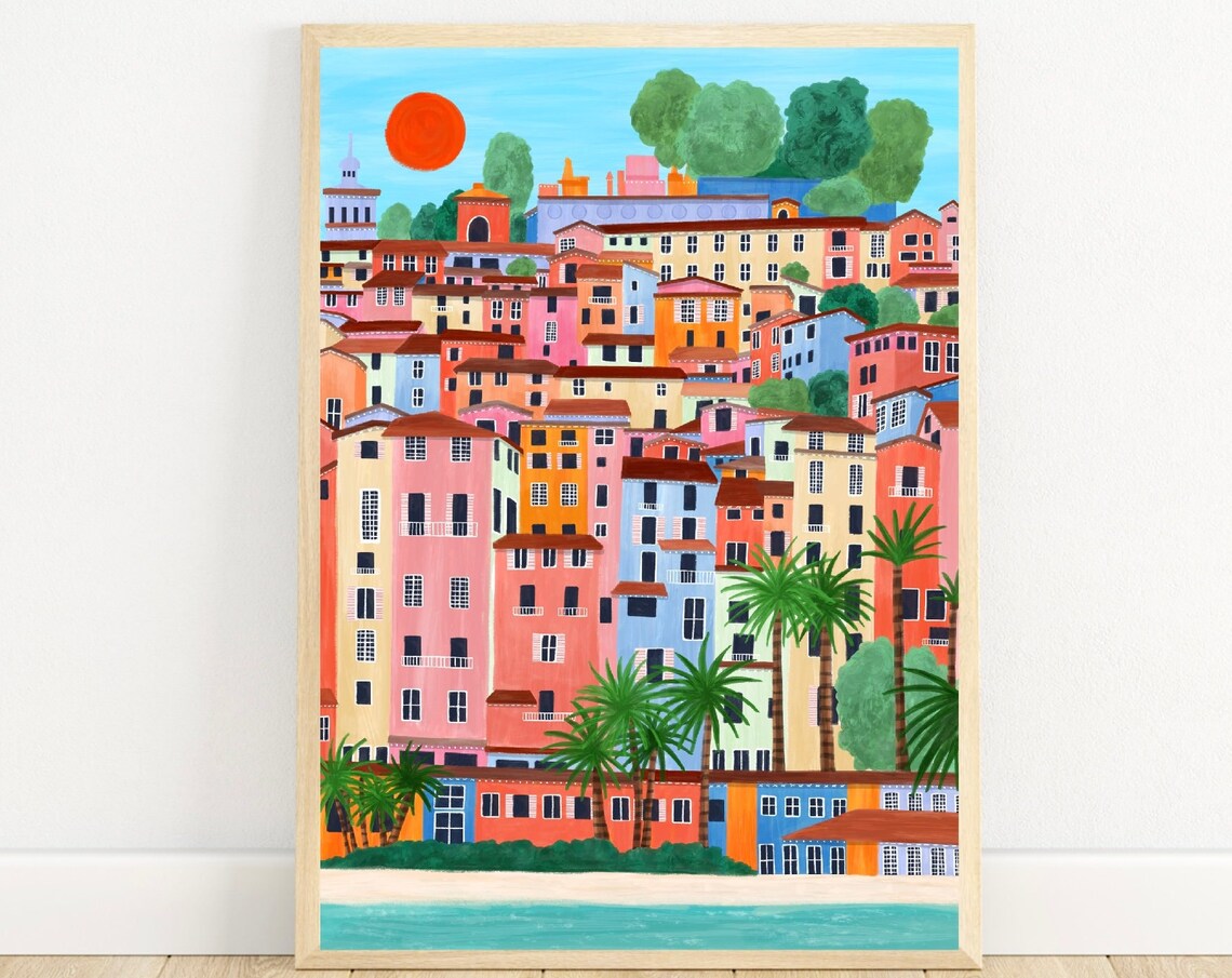 Menton French Riviera Colorful Coastal Town Travel Art Poster