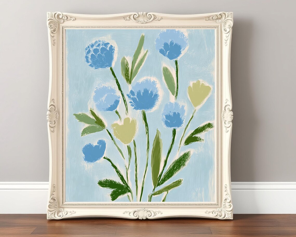 Blue Floral Abstract Painterly Minimalist Coastal Botanical Wall Art