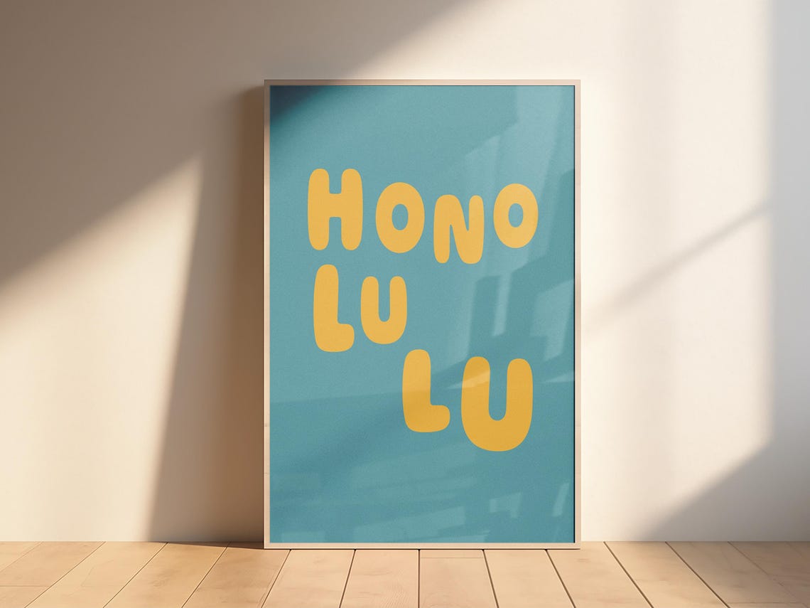 Honolulu Hawaii Playful Stacked Typography Yellow On Teal Art Poster