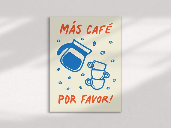 Mas Cafe Por Favor Blue Coffee Pot Stacked Cups Doodle Kitchen Wall Art