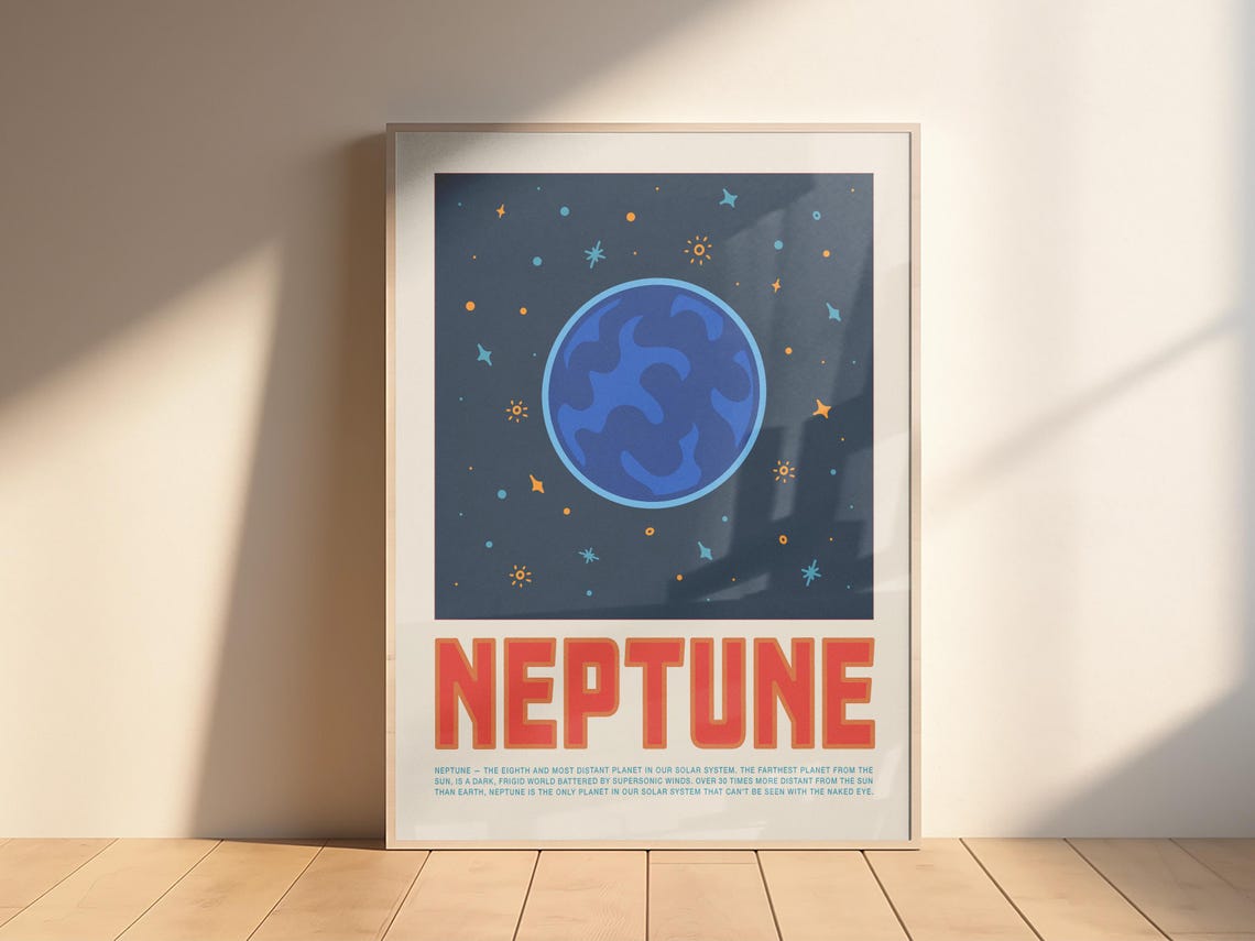 Retro Neptune Planet Swirling Blue Starry Night Space Room Poster
