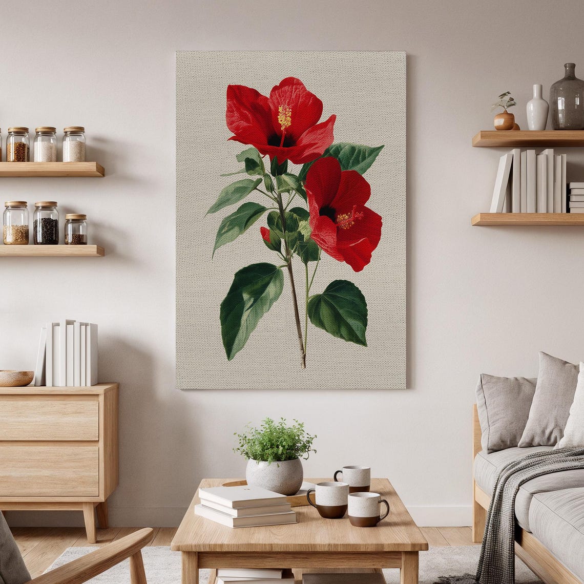 Red Hibiscus Botanical Vintage Flower Illustration Nature Poster