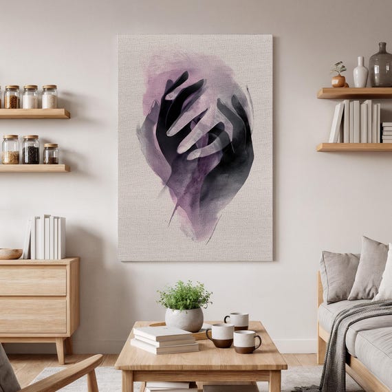 Modern Abstract Hands Wall Art Minimalist Watercolor Hand Painting Purple Black Silhouette Canvas Unique Gift For Home