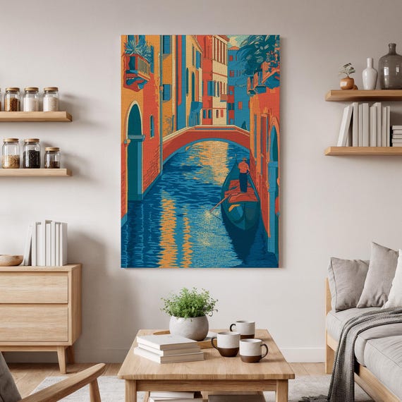 Venice Canal Wall Art Colorful Gondola Ride Canvas Italian Cityscape Print Retro Travel Vibrant European Decor
