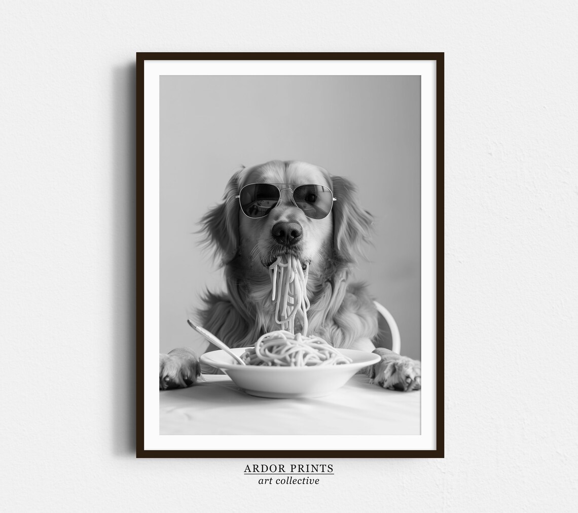 Golden Retriever Eating Pasta Funny Dog Kitchen Print