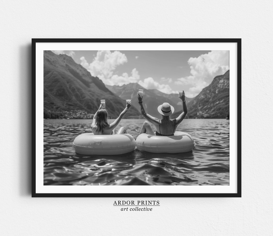 Friends On Lake Floaties Raising Drinks Vintage Summer Photo Poster