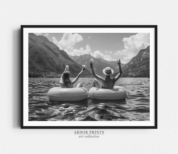 Friends On Lake Floaties Raising Drinks Vintage Summer Photo Poster