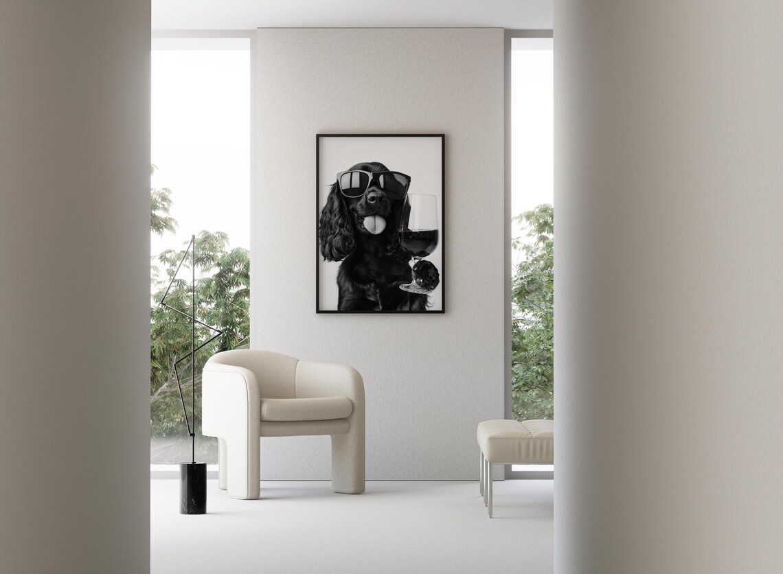Black Cocker Spaniel Drinking Wine, Funny Dog Poster - Image 3