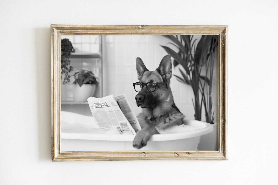 German Shepherd Reading Newspaper in Bubble Bath Funny Poster - Image 3