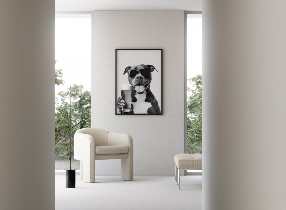 Staffy Bull Terrier Drinking Beer, Funny Dog Poster - Image 3