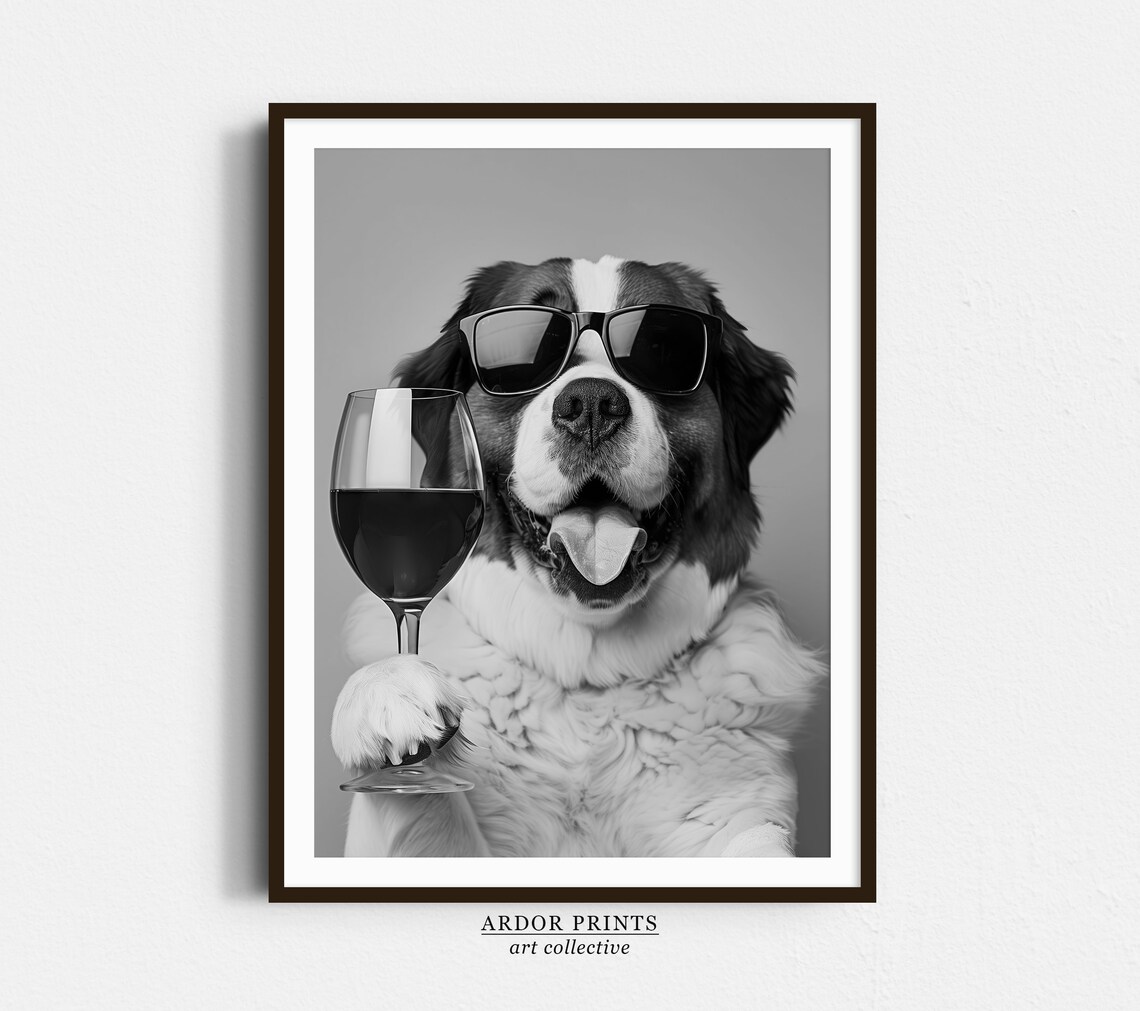 St Bernard And Wine Black And White Art Print