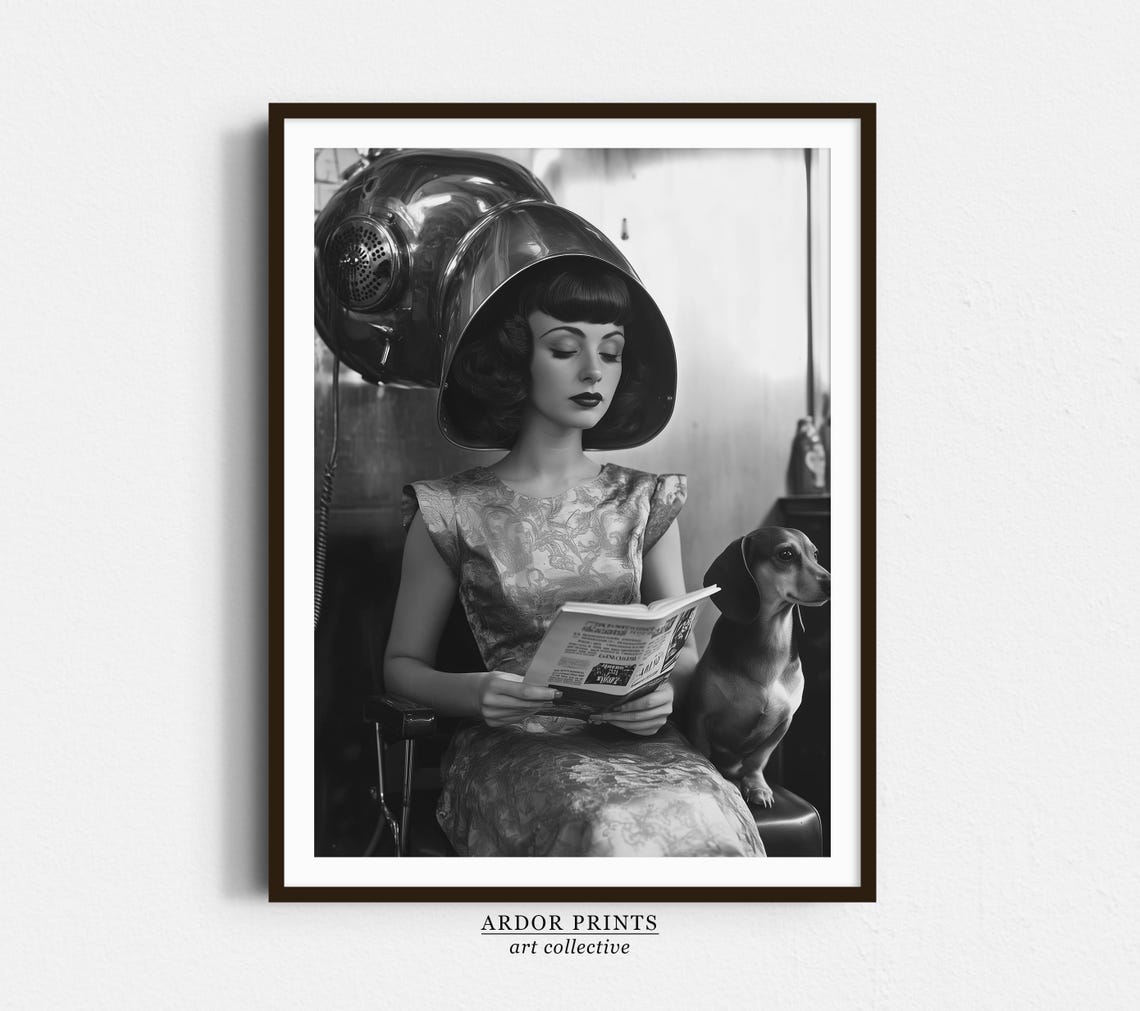 Woman Reading Magazine Under Salon Hair Dryer With Dachshund Poster