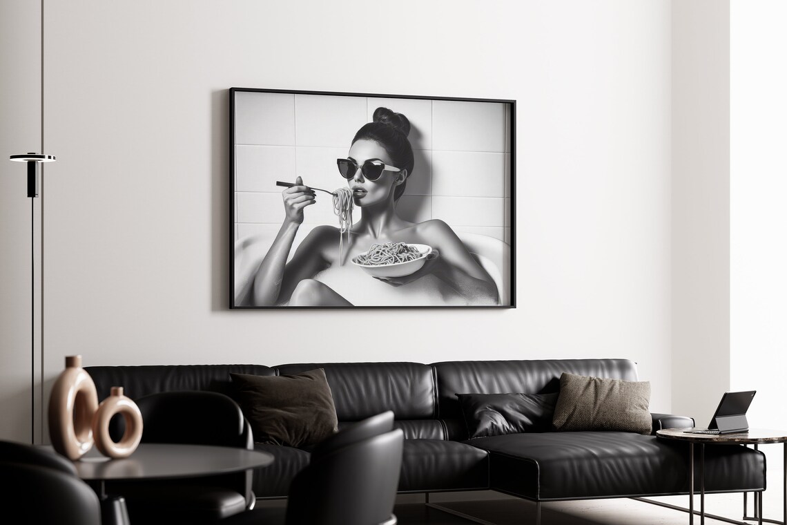 Woman Eating Spaghetti In Bathtub Art Print - Image 2