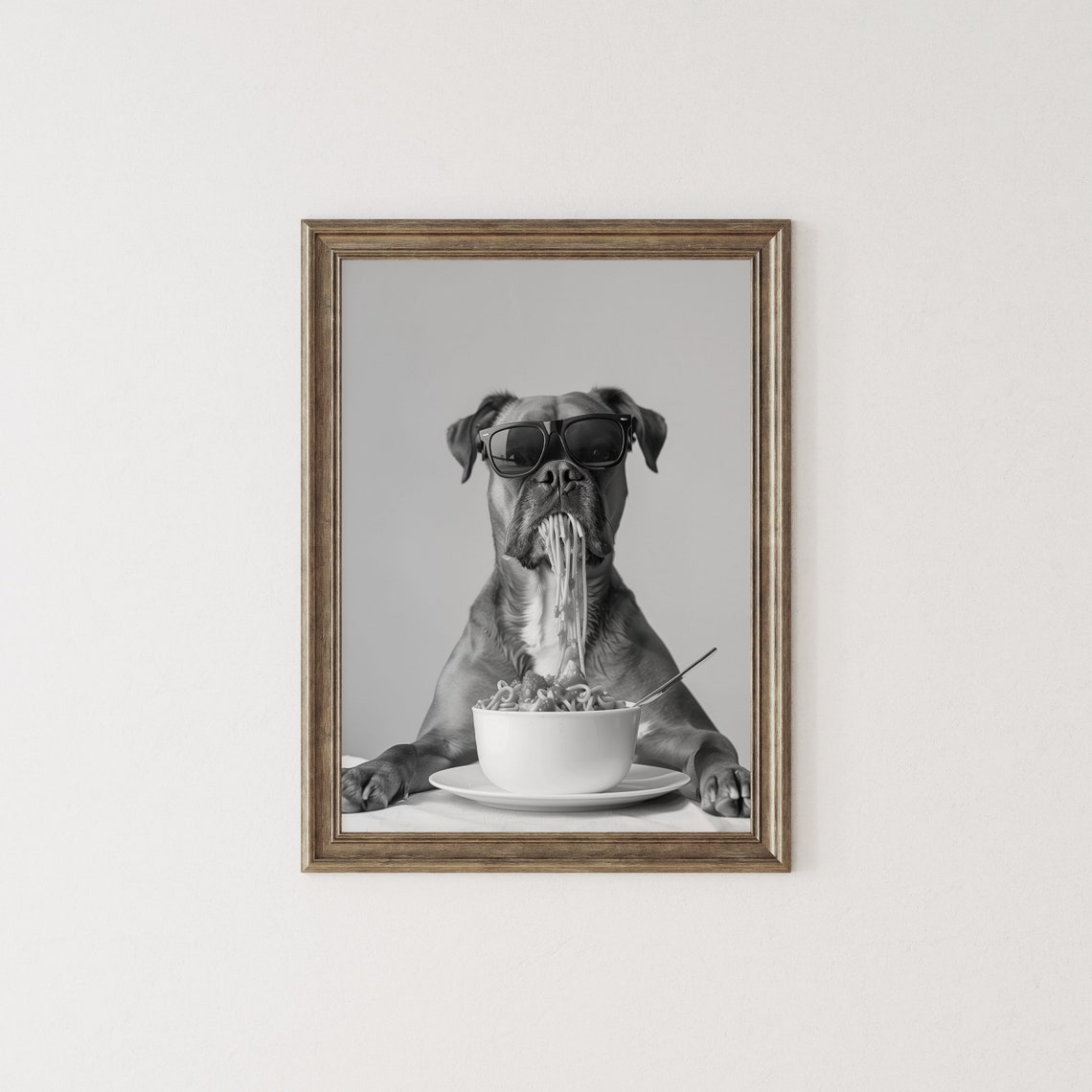 Boxer Dog Eating Spaghetti With Sunglasses Funny Food Wall Art - Image 2