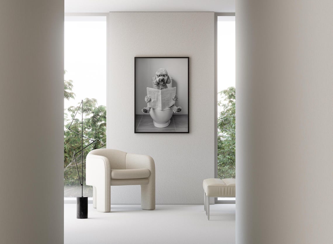 Goldendoodle Reading Newspaper On Toilet Funny Bathroom Dog Print - Image 3