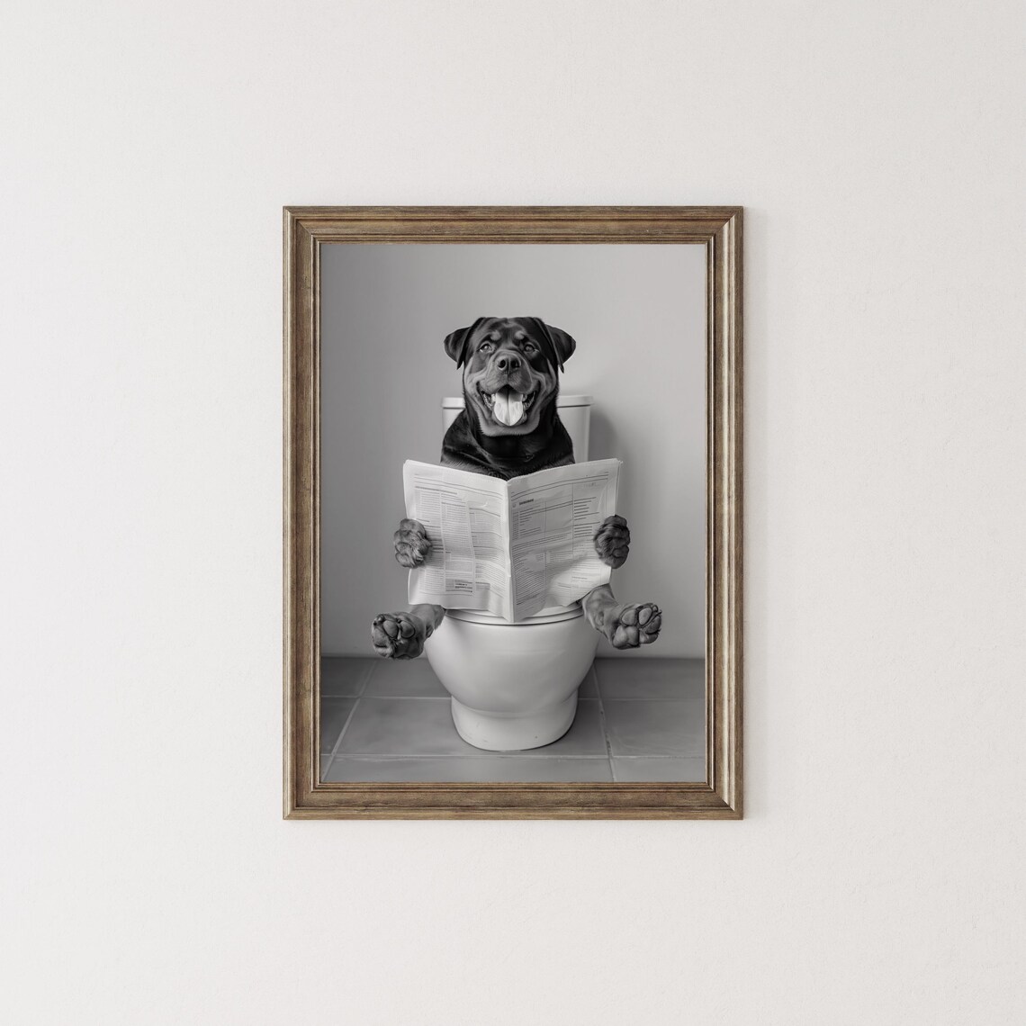 Rottweiler Reading Newspaper in Toilet, Funny Dog Art Print - Image 2