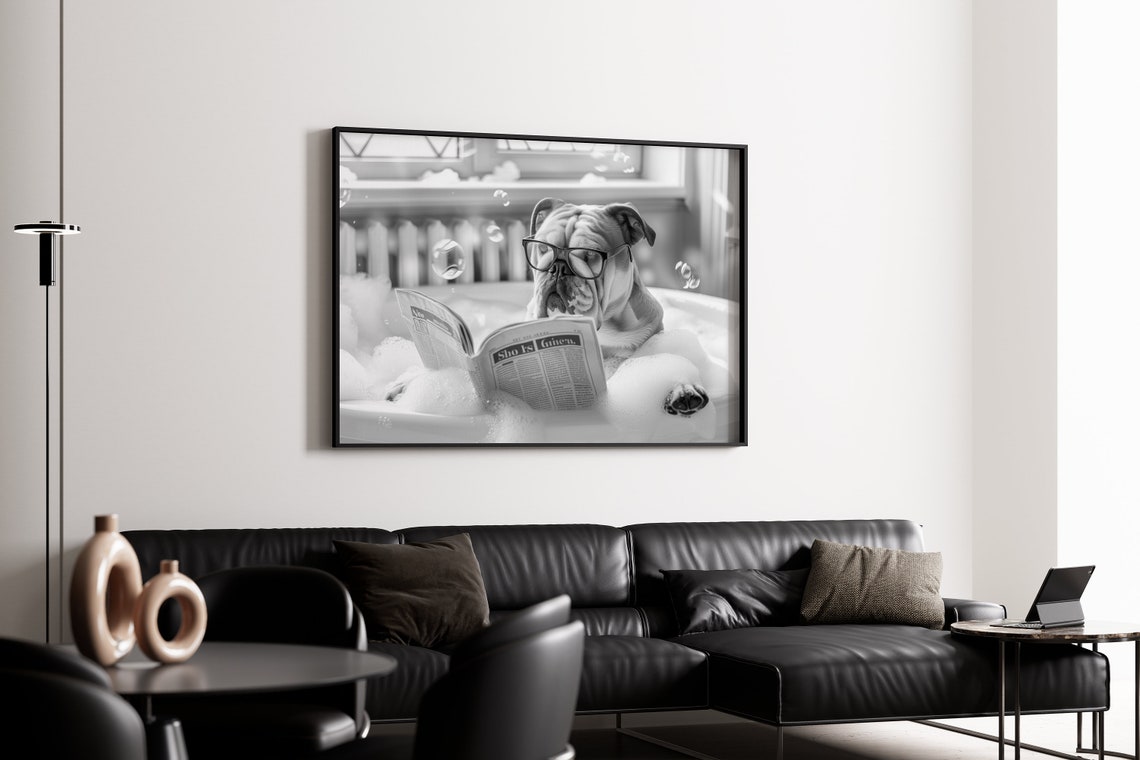 English Bulldog Reading Newspaper in Bubble Bath Funny Poster - Image 4