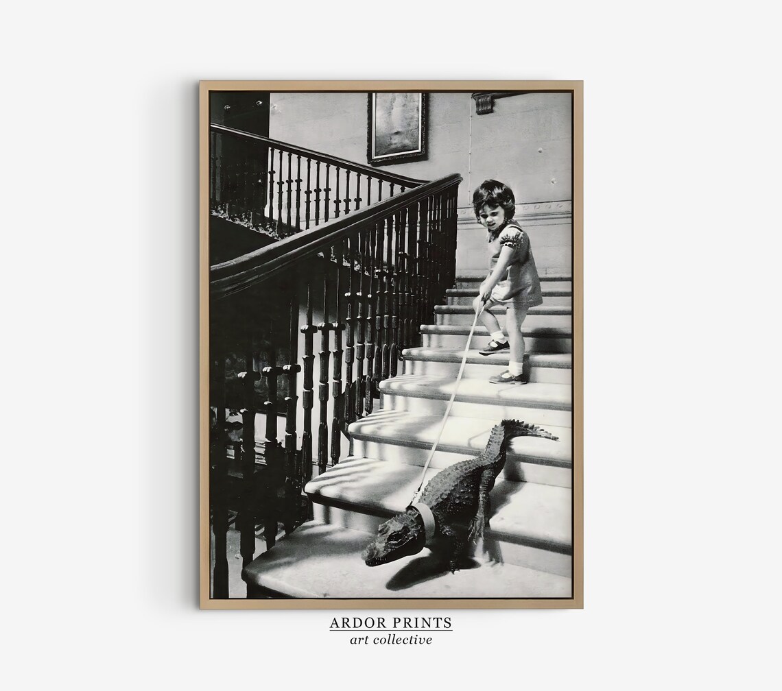 Girl Walking Baby Crocodile On Leash, Vintage Print - Image 4
