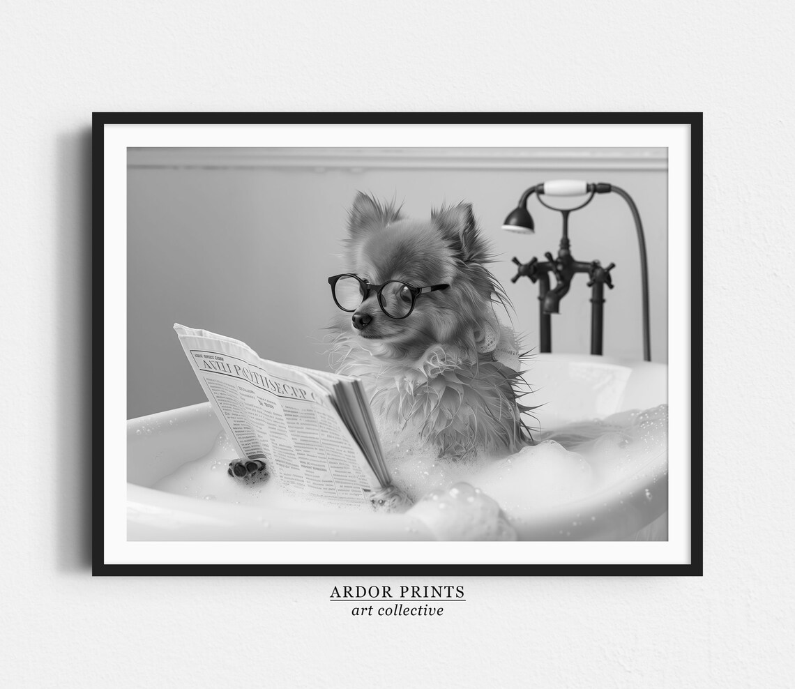 Pomeranian Reading Newspaper in Bubble Bath Black and White Poster