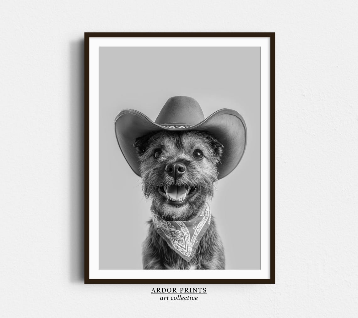 Border Terrier Cowboy Hat Bandana Western Funny Dog Portrait Print