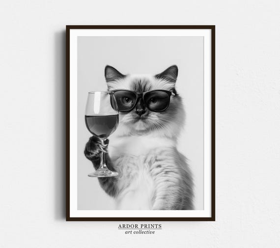Ragdoll Cat Drinking Wine, Funny Bar Cart Print